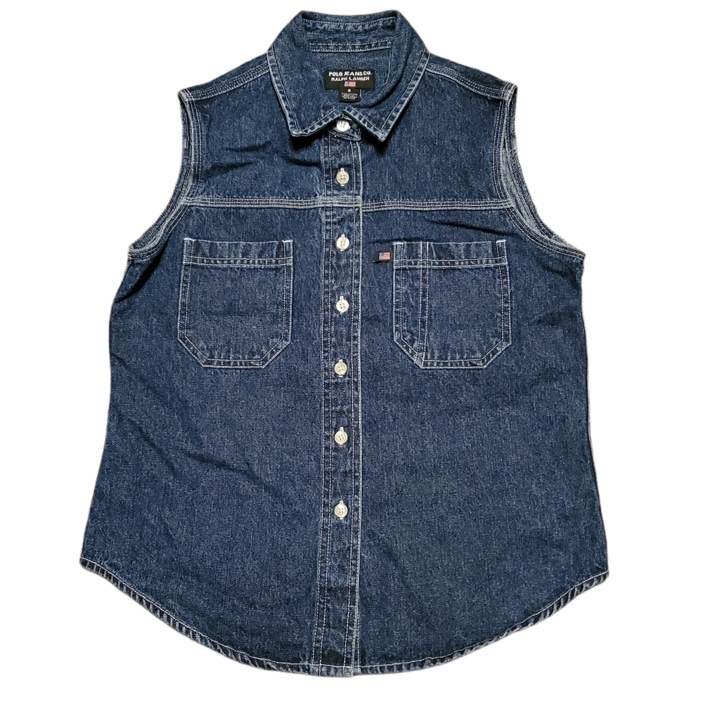 Polo Ralph Lauren Jeans S Vintage Denim Sleeveless Buttondown Shirt Pockets